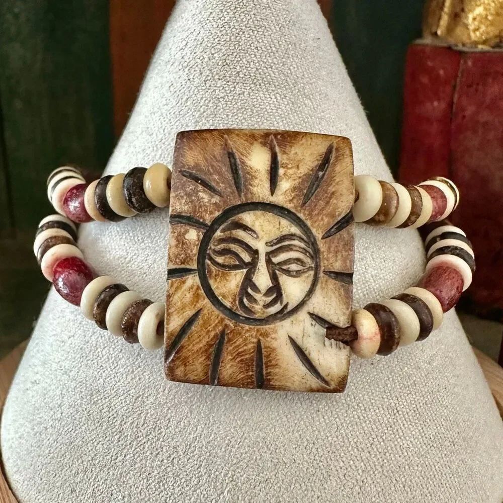 Hand-Carved Sun Face Beaded Adjustable Bracelet